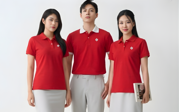 Nhân viên mặc áo polo màu đỏ đầu năm