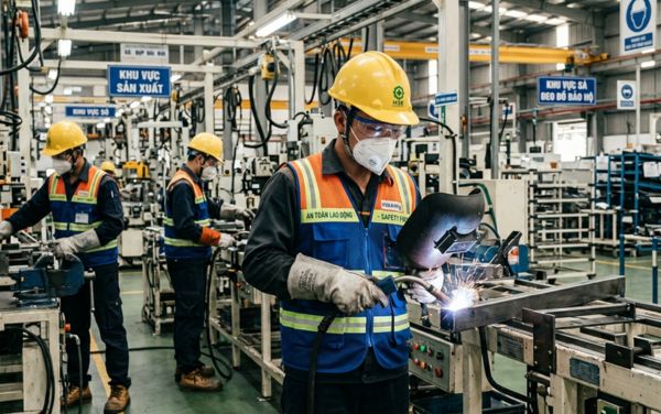 Công nhân mặc đầy đủ đồ bảo hộ trong môi trường làm việc